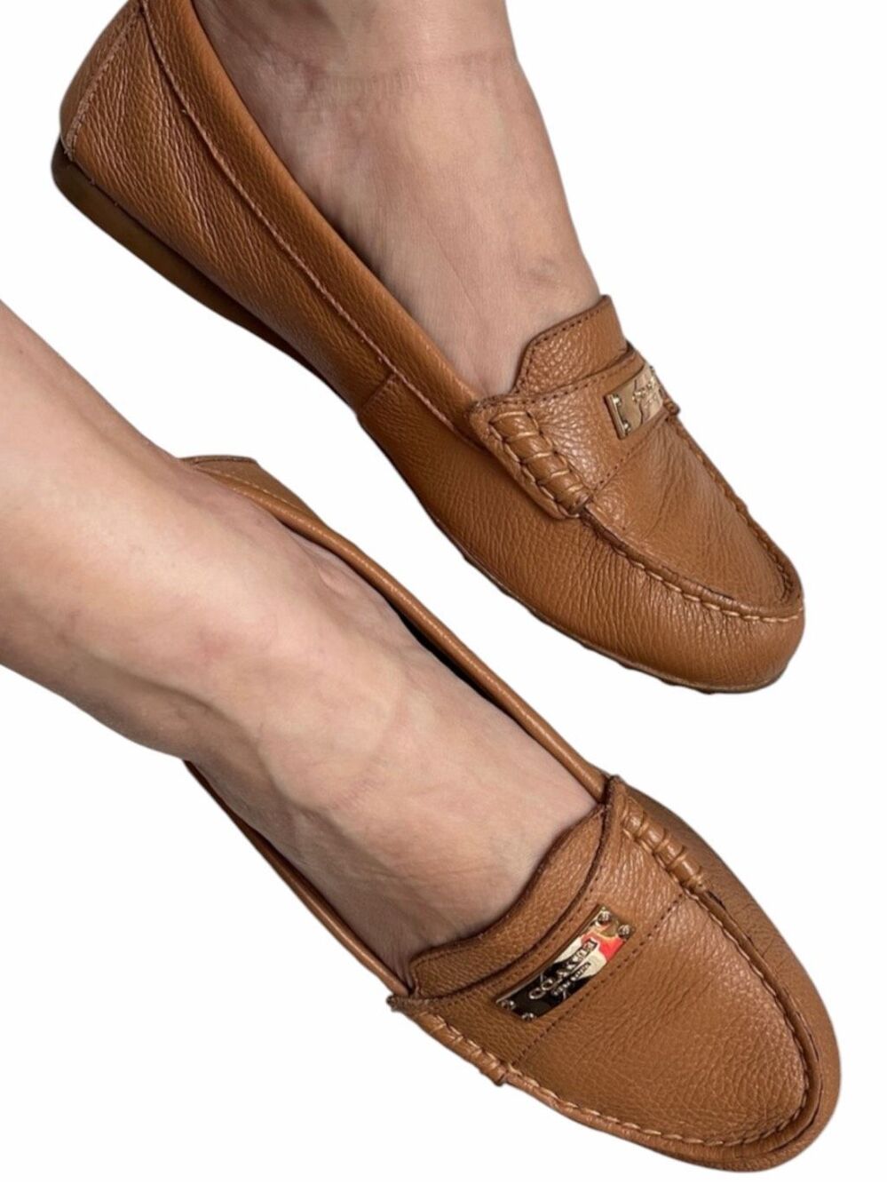 COACH Fredrica A5175 Tan Pebbled Leather Driving Loafers Gold Logo 8B